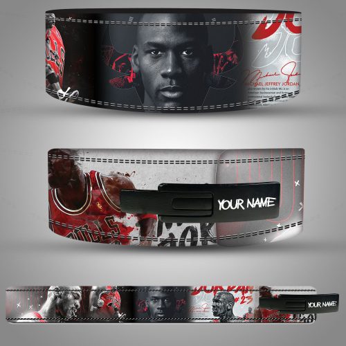 Michael Jordan weightlifting lever belt featuring a bold black design with iconic player graphics and name prints.