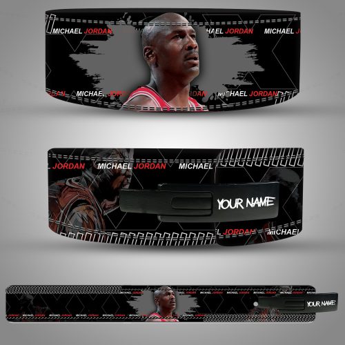 Michael Jordan weightlifting lever belt featuring a bold black design with iconic player graphics and name prints.