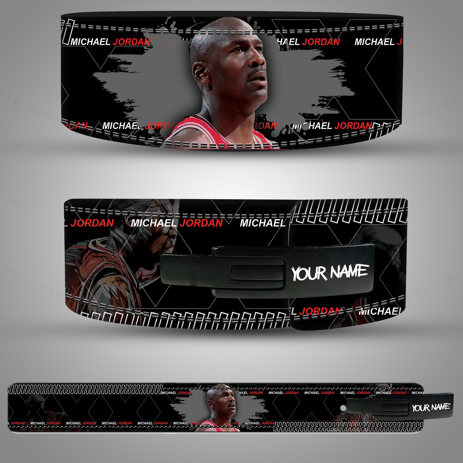 Michael Jordan weightlifting lever belt featuring a bold black design with iconic player graphics and name prints.