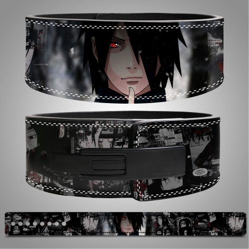 Sasuke Uchiha Custom Weightlifting Belt with dark anime artwork and moonlight background design.