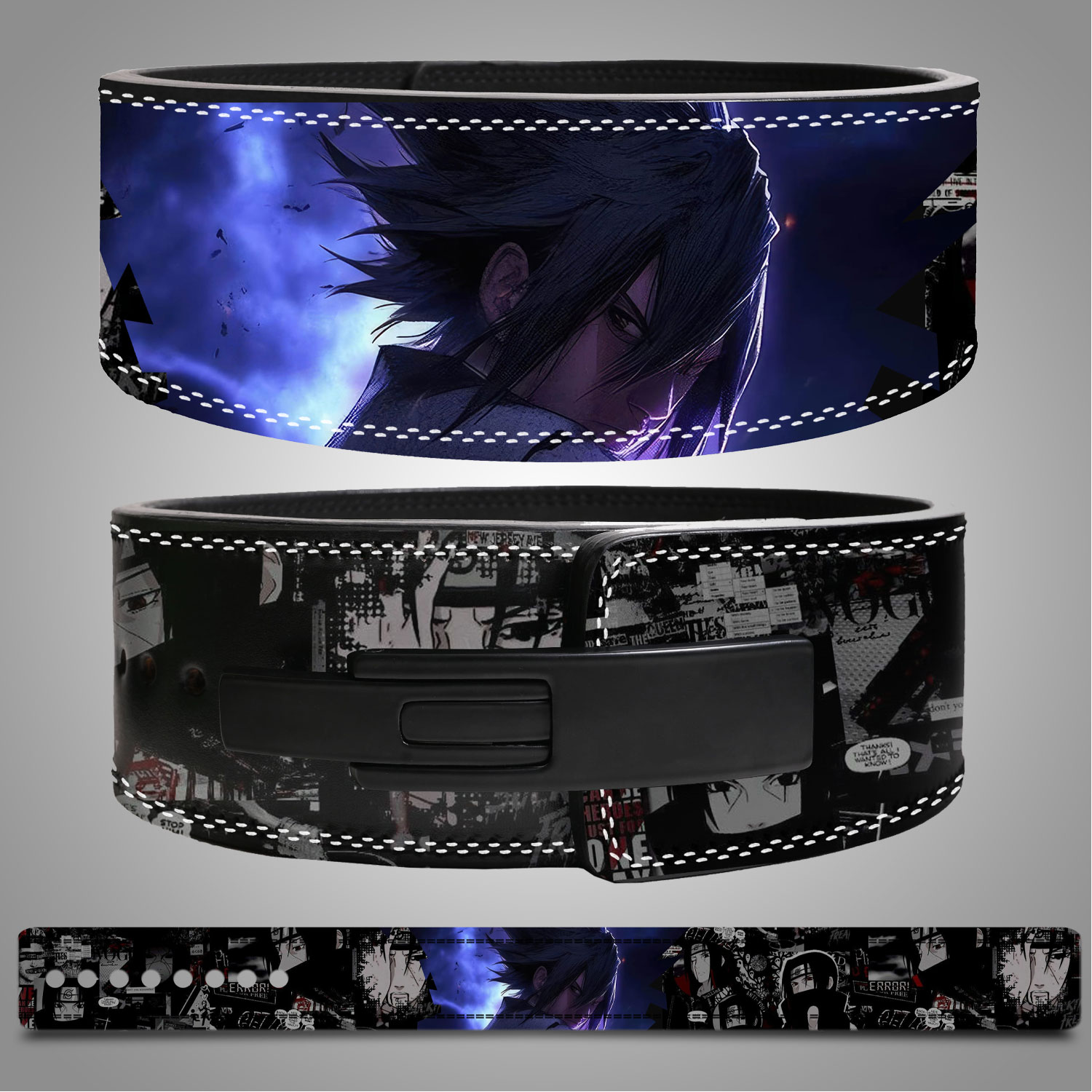 Sasuke Uchiha-themed custom leather weightlifting belt with purple lightning and anime-inspired design.