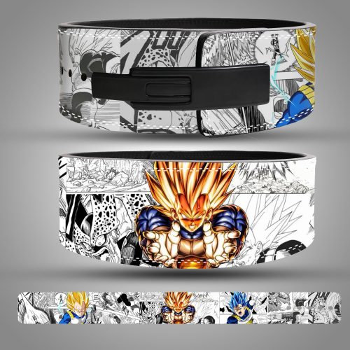 Vegeta anime leather weightlifting belt featuring Dragon Ball-inspired Super Saiyan artwork and black lever buckle.