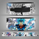 Gogeta leather weightlifting belt featuring blue Super Saiyan design and manga background art.