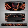 Venom-inspired weightlifting belt featuring dark symbiote artwork with fiery orange and black design and heavy-duty lever buckle.