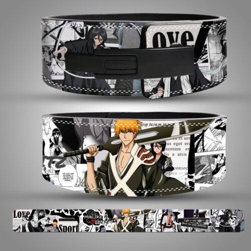 Ichigo Kurosaki anime leather weightlifting belt featuring Bleach-inspired design with durable lever buckle for gym and powerlifting.
