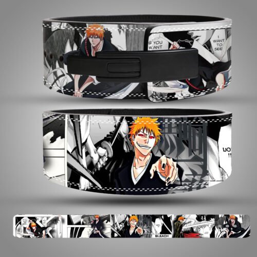 chigo Kurosaki anime leather weightlifting belt with vibrant Bleach-inspired artwork and black lever buckle.