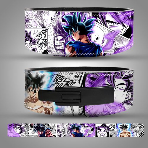 Goku anime leather weightlifting belt with Ultra Instinct design and black lever buckle.