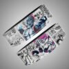 Anime Akaza weightlifting belt. Black and white manga art with vivid pink and blue color splashes. High-performance lever buckle gym gear.