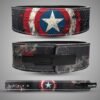Captain America-inspired weightlifting belt featuring a rugged shield design with weathered red, white, and blue detailing and a durable lever buckle.