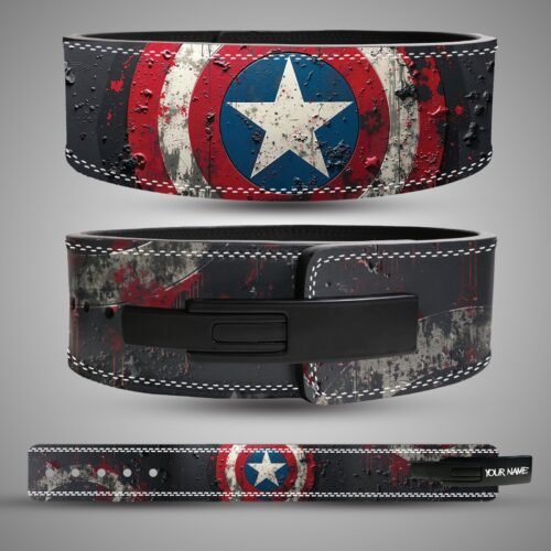Captain America-inspired weightlifting belt featuring a rugged shield design with weathered red, white, and blue detailing and a durable lever buckle.