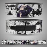 Custom Satoru Gojo weightlifting belt featuring black-and-white manga panels with a bold purple anime design.