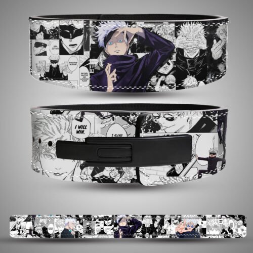 Custom Satoru Gojo weightlifting belt featuring black-and-white manga panels with a bold purple anime design.