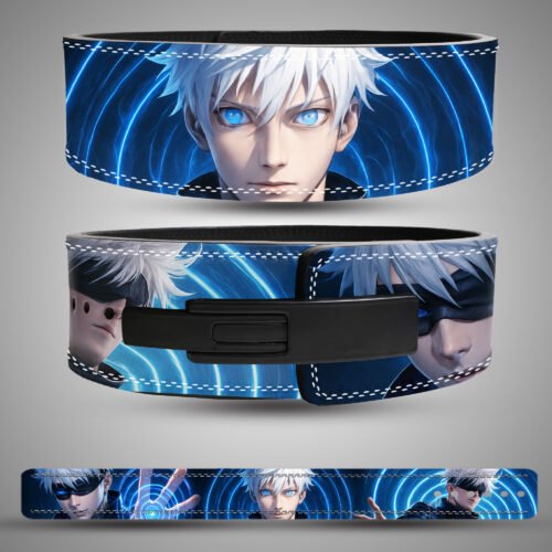 Front view of Gojo Satoru anime weightlifting belt with full-color artwork and manga panels.