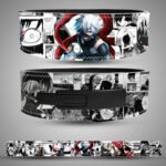 Ken Kaneki (Tokyo Ghoul) weightlifting lever belt. Black and white manga panel design with red kagune and one-eyed ghoul mask. Powerlifting belt for core strength.
