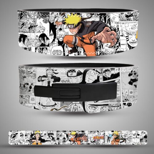Naruto-themed leather weightlifting belt featuring Kurama Mode Naruto with black-and-white manga panels in the background.