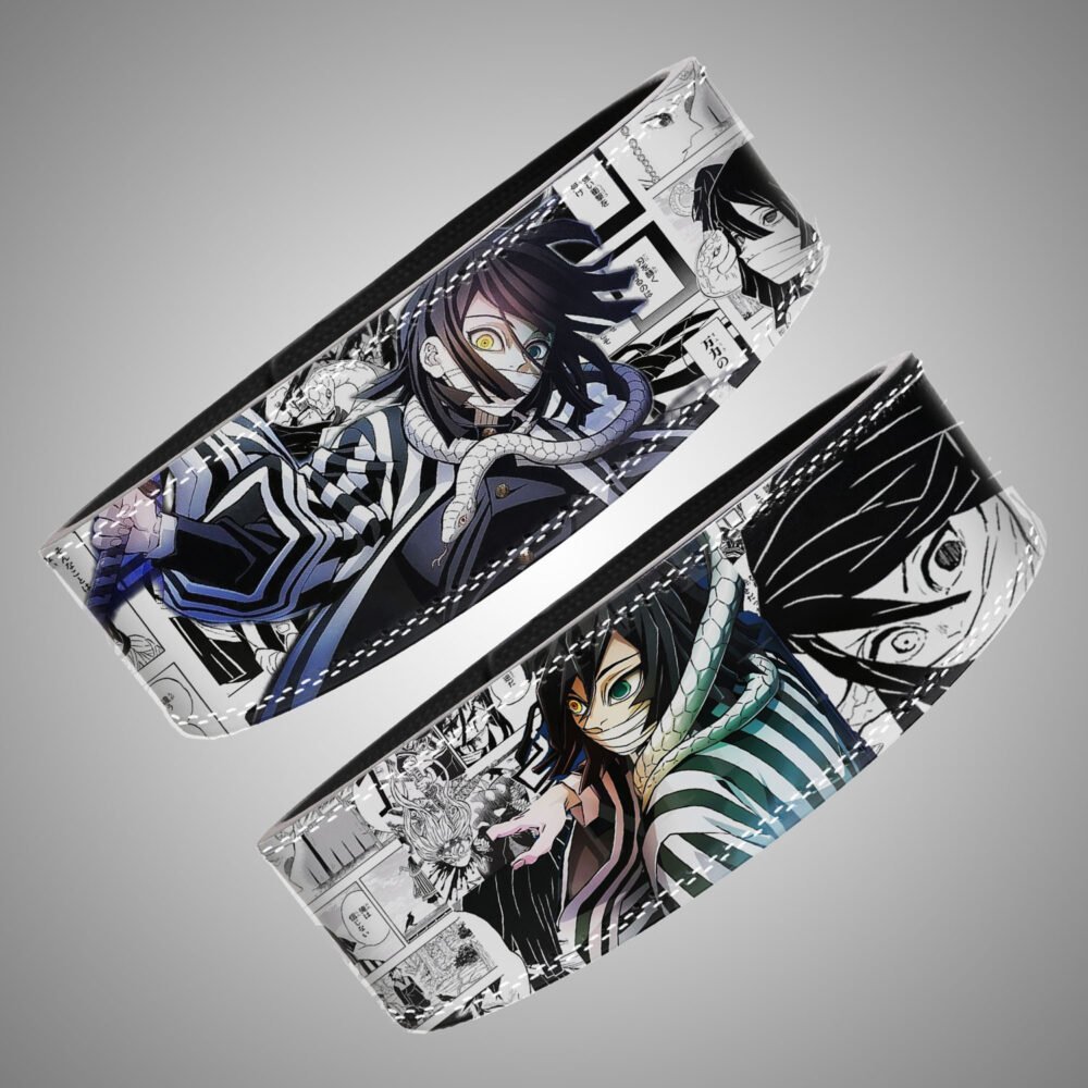 Anime Obanai Iguro custom gym belt. Manga panel collage with detailed Hashira attire and black lever buckle. Heavy-duty lifting gear.