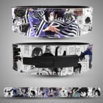 Obanai weightlifting lever belt. Demon Slayer black and white manga art with purple accents. Powerlifting gear for core support.