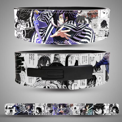 Obanai weightlifting lever belt. Demon Slayer black and white manga art with purple accents. Powerlifting gear for core support.