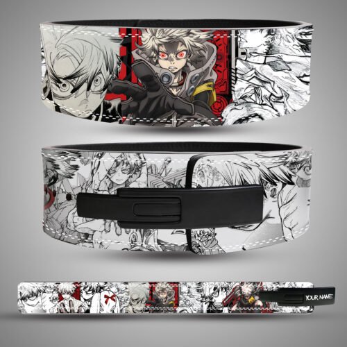 Rudo-inspired weightlifting belt from the anime Gachiakuta featuring detailed black-and-white manga art with striking red highlights.