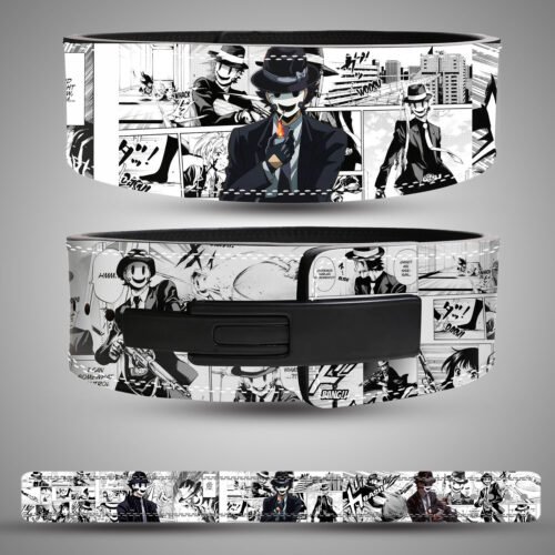 Sniper Mask (High-Rise Invasion) weightlifting lever belt. Black and white manga art design with the iconic white mask. Powerlifting gear for intense focus.