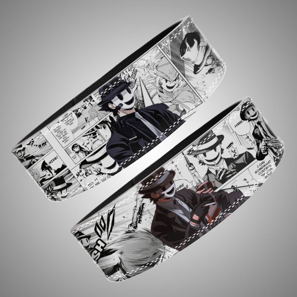 High-Rise Invasion anime gym belt. Manga collage featuring Sniper Mask and action scenes. Durable lever buckle powerlifting belt.
