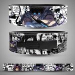 Sung Jinwoo (Solo Leveling) weightlifting lever belt. Black and white manga art with purple and blue energy accents. Powerlifting belt for back support.