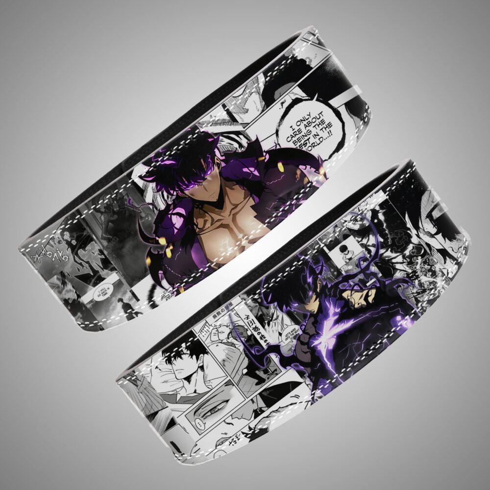 Shadow Monarch Sung Jinwoo powerlifting belt. Solo Leveling manga collage design with striking blue electric glow. Heavy-duty lever buckle for spine support.