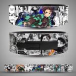 Custom anime weightlifting belt featuring Tanjiro Kamado from Demon Slayer with manga panel background and water-breathing design.