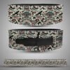 Tribal pattern leather weightlifting belt with traditional geometric and wave designs in red, black, teal, and cream tones.