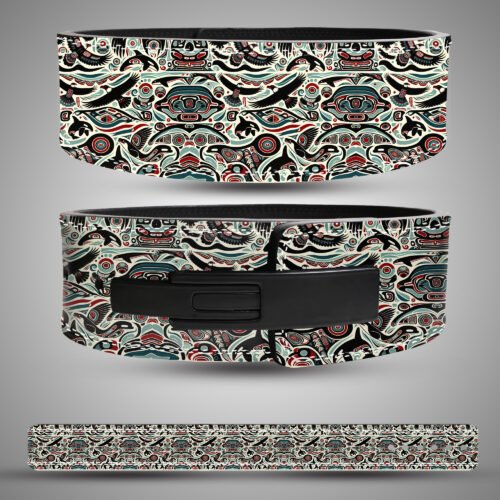 Tribal pattern leather weightlifting belt with traditional geometric and wave designs in red, black, teal, and cream tones.
