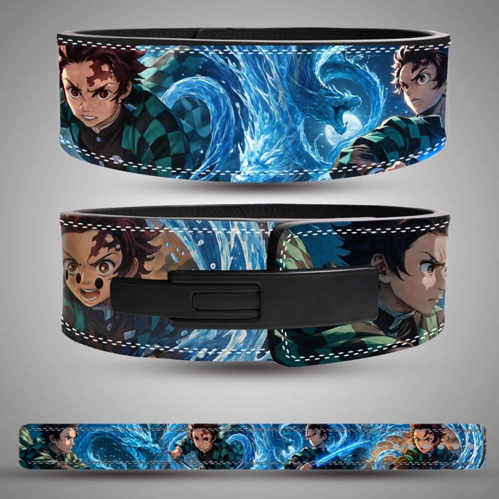 Tanjiro-themed weightlifting belt featuring dynamic water breathing sword art design.