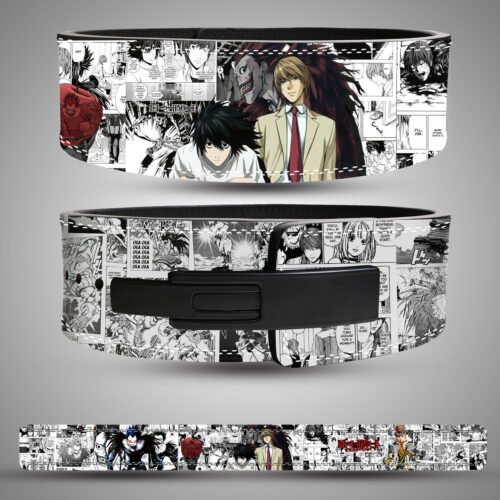 Death Note weightlifting belt with Light, L, and Ryuk artwork
