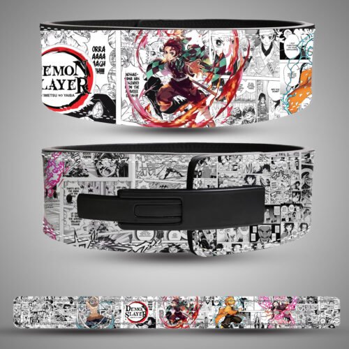 Demon Slayer anime weightlifting belt. Features Tanjiro, Zenitsu, Nezuko, and Inosuke with elemental breathing effects. Lever buckle belt for gym training.