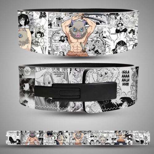 Inosuke Hashibira (Demon Slayer) weightlifting lever belt. Features boar mask anime art and dual swords. Powerlifting gear for heavy training.