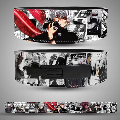 Tokyo Ghoul style weightlifting belt with anime character mask and red kagune on front panel