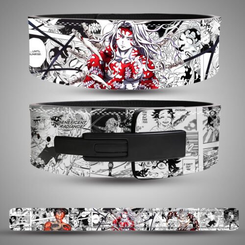 Demon Slayer Final Battle weightlifting belt. Features Muzan Kibutsuji (white hair form) vs Tanjiro Kamado (final form). Manga panels with "Until Sunrise" text. Powerlifting lever belt.