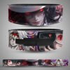 Muzan Kibutsuji (Demon King) weightlifting lever belt. Detailed anime art featuring glowing red eyes and his white fedora look. Powerlifting gear for heavy training.
