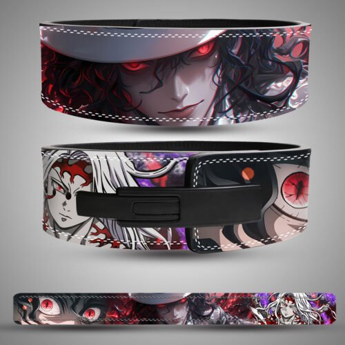 Muzan Kibutsuji (Demon King) weightlifting lever belt. Detailed anime art featuring glowing red eyes and his white fedora look. Powerlifting gear for heavy training.