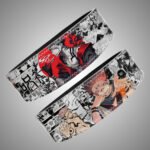 Anime weightlifting belt Sukuna. Black and white manga collage with striking red details. Heavy-duty lever buckle belt for deadlifts and bodybuilding.