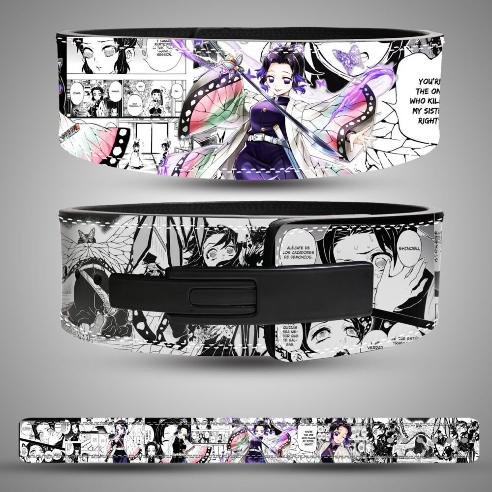 Shinobu Kocho Demon Slayer gym belt with purple butterfly patterns and a black steel lever.