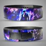 Solo Leveling Shadow Monarch SBD weightlifting lever belt. Anime art with purple energy effects. Powerlifting belt for core support.