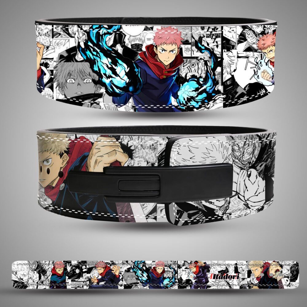 Yuji Itadori anime weightlifting belt front view with manga artwork Yuji Itadori Jujutsu Kaisen lifting belt back view with locking buckle