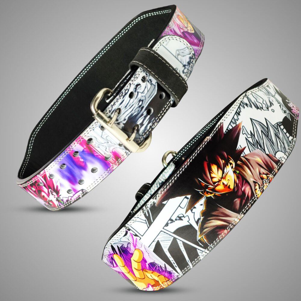 Double prong steel buckle on Goku Black 4 inch leather weightlifting belt