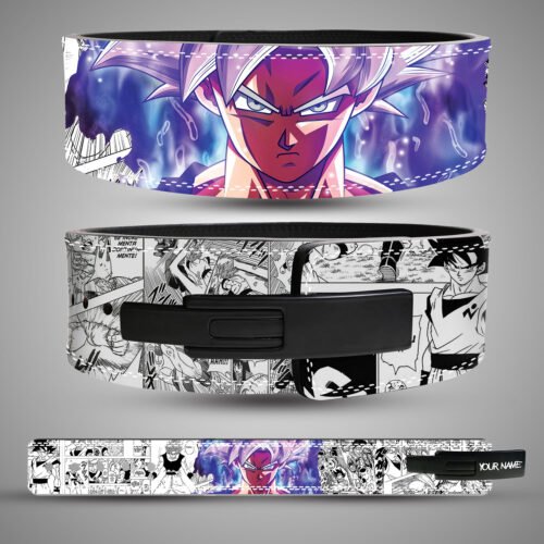 Goku Ultra Instinct weightlifting belt with silver hair anime artwork