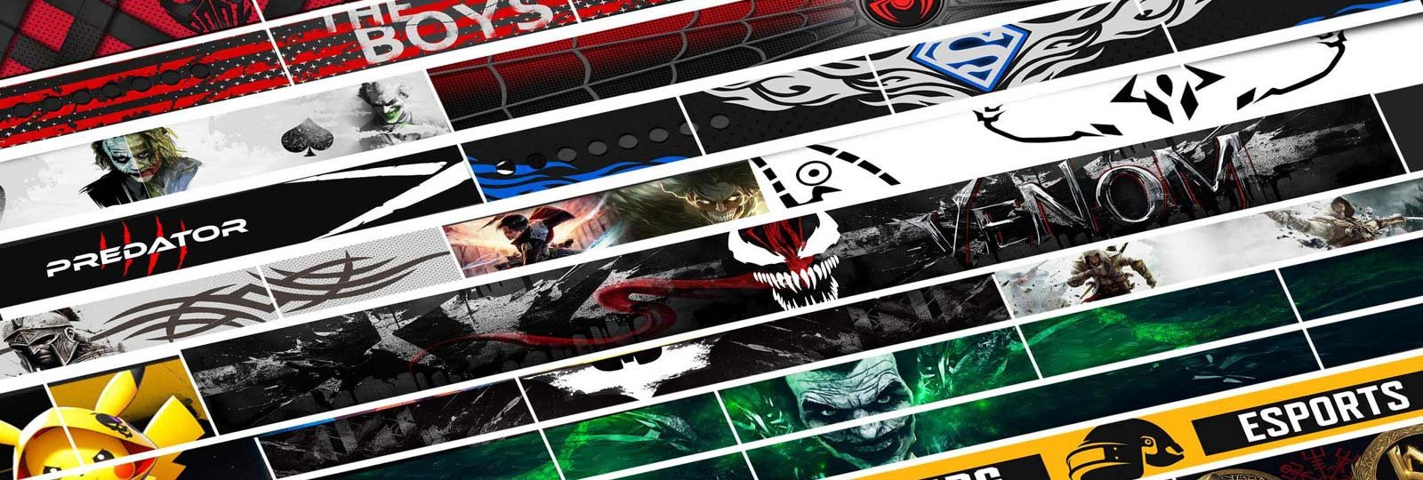 Custom weightlifting belt banner with Dynamic collage of pop culture and gaming themes, featuring logos and artwork from The Boys, Predator, Venom, Batman, Superman, Spiderman, Assassin’s Creed, PUBG, Pikachu, Joker, and Esports, arranged in bold diagonal stripes.