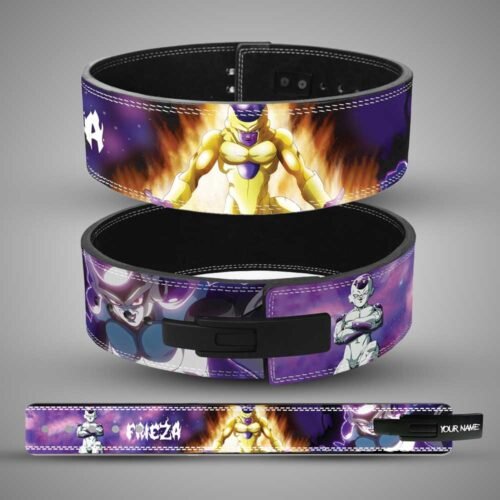 Golden Frieza custom leather weightlifting belt with black lever buckle