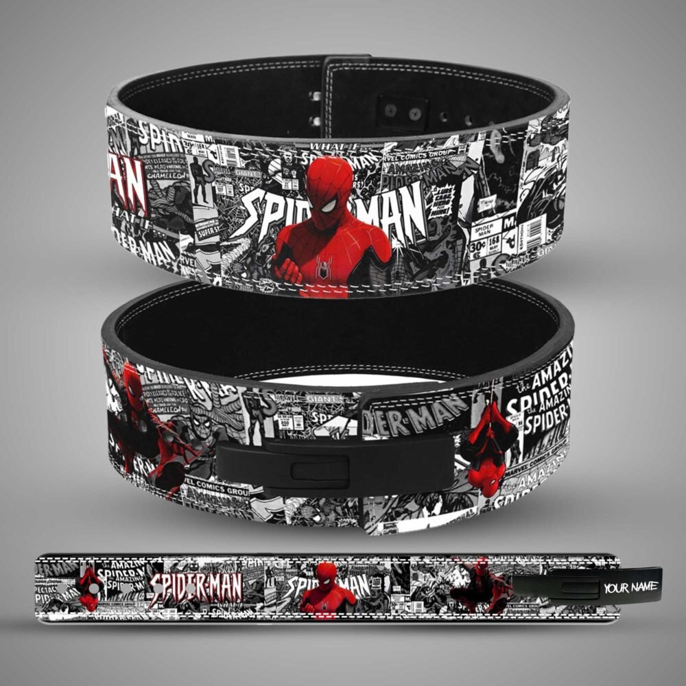Custom Spider-Man comic leather weightlifting belt with black lever buckle