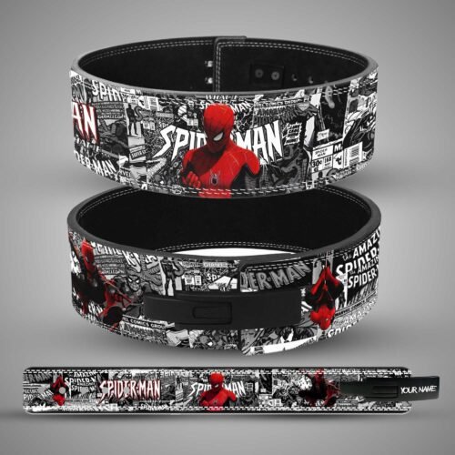 Custom Spider-Man comic leather weightlifting belt with black lever buckle