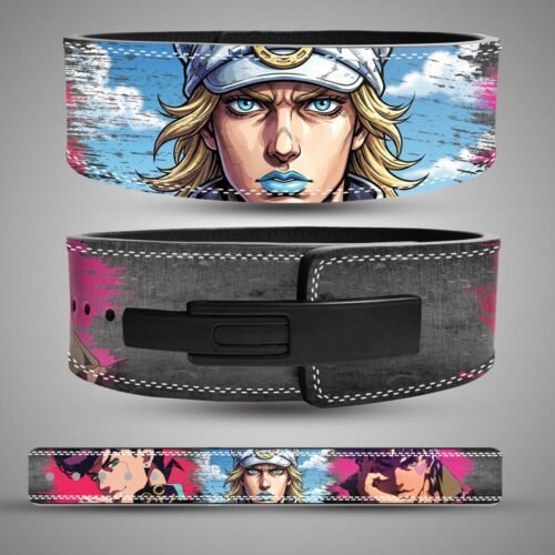 Custom split leather 13mm Jojo anime lifting belt with Johnny Joestar artwork.