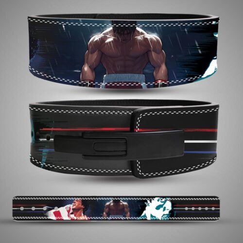 Custom split leather 13mm boxing anime lifting belt with Rocky Balboa style artwork.